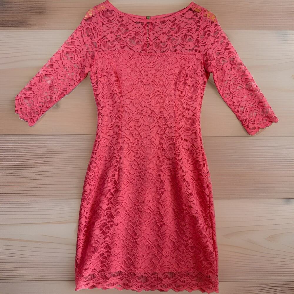 Jennifer Lopez Coral Pink Lace Fit & Flare Dress Women’s Size 4 3/4 Sleeve